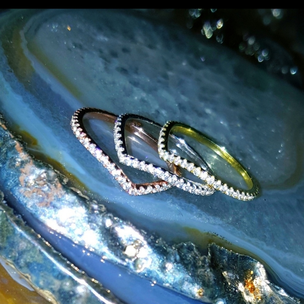 Sterling Silver Stackable Ring Trio W/Crystals - image 1